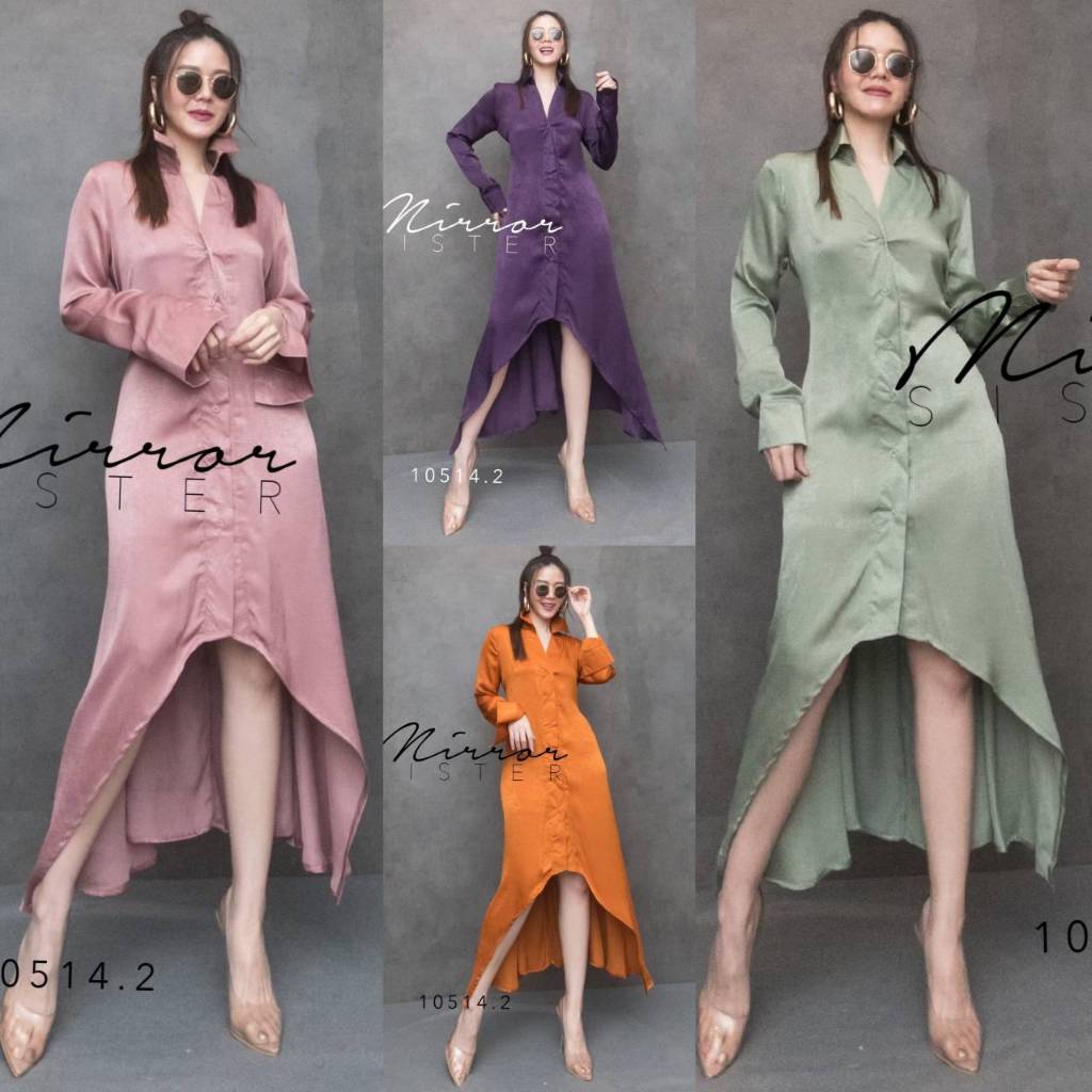🩷🩷 MirrorSister 10514.2 เดรสเชิ้ตยาว ใส่สบาย สวยทุกสี ผ้าซิลล์ Premium l;p si^ คอปก มีเชือกผูกเอวให้