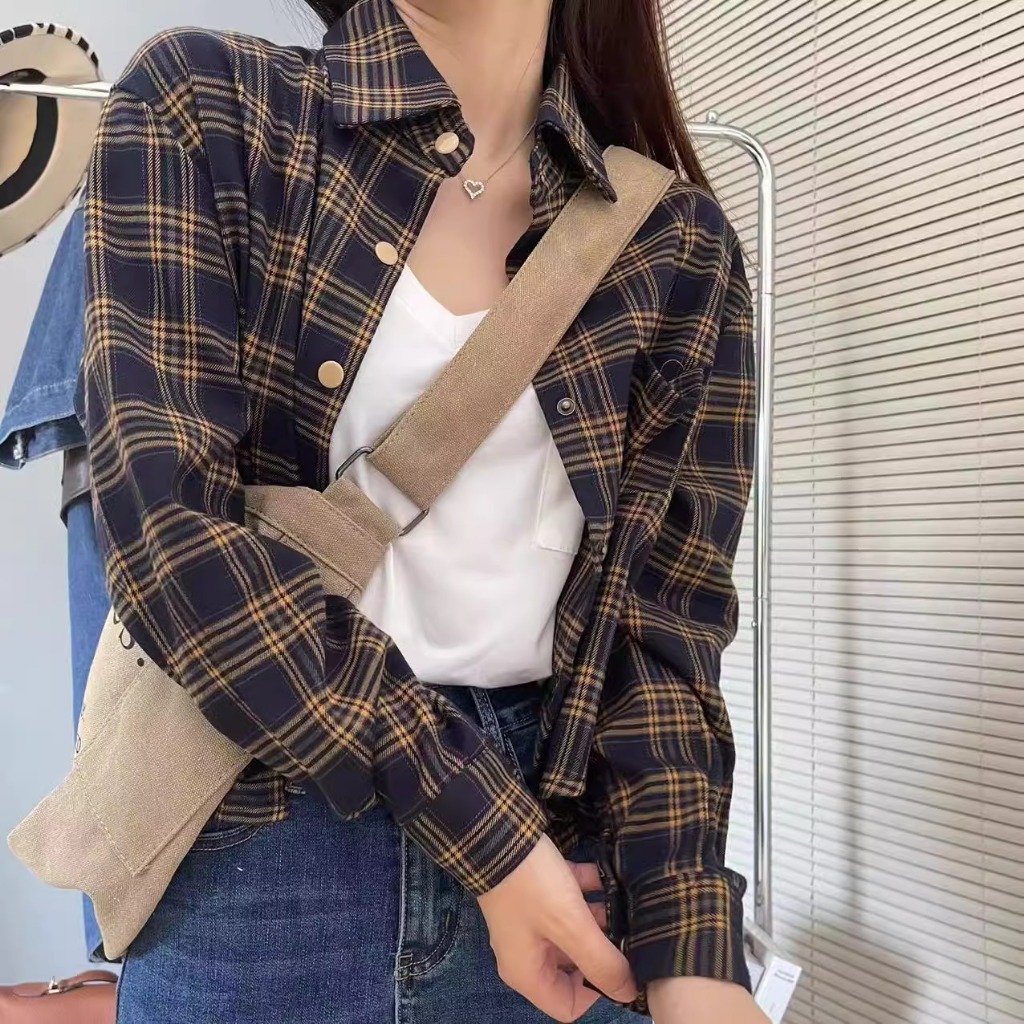 ล้างสต็อก⚡️ CTB12365  เสื้อเชิ้ตแฟชั่นย้อนยุคสไตล์สาวฮ่องกง แขนยาว ลายสก็อต ใส่คลุมสวยๆ อก40 free size มี2สี
