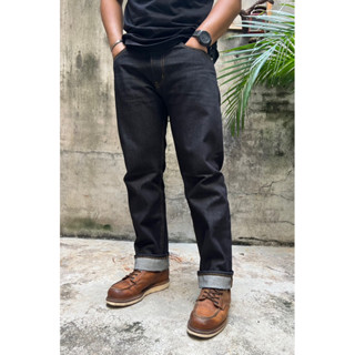 กางเกงยีนส์ขายาวทรงกระบอกตรงสีมิดไนท์แบล็ค14.5oz.