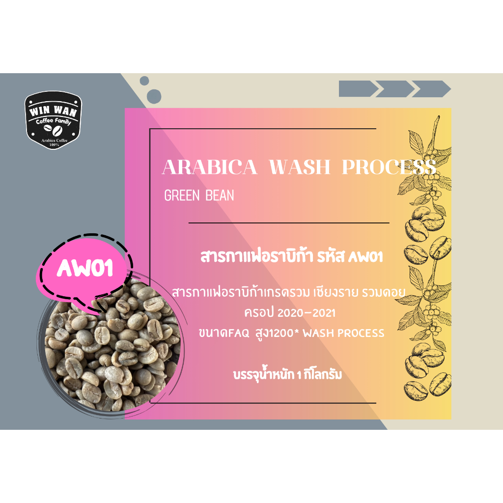 สารกาแฟอราบิก้าเกรดรวม เชียงราย รวมดอย ขนาดFAQ สูง1200* Wash Processรหัส AW01 ครอป 2022