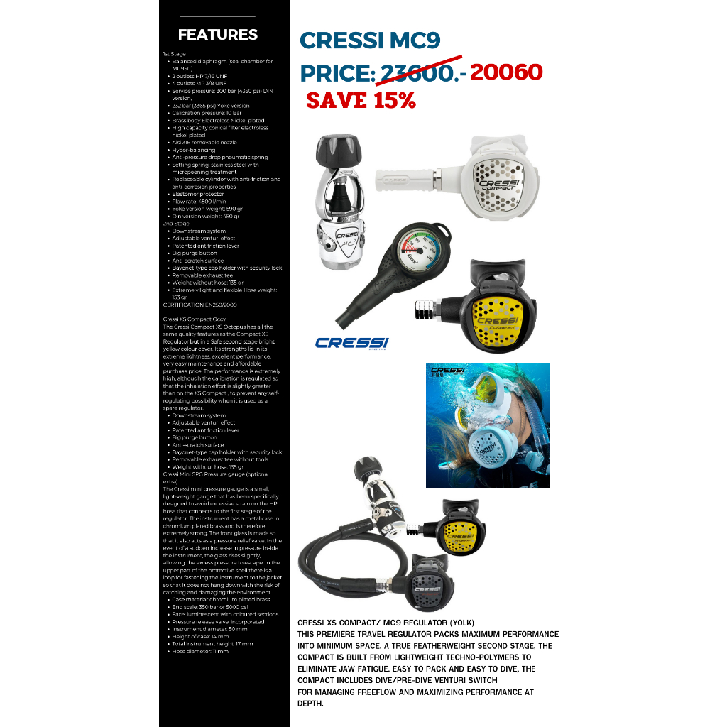 Set BCD Regulator Scuba cressi mc9/ aqualung helix compact pro /aqualung helix pro set อุปกรณ์สำหรับ