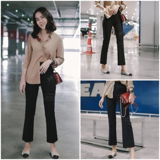 [S-3XL](80) ARTHITTAYA.BRAND กางเกงผ้าซาร่า 8 ส่วน ขาบาน เอวสูง-สีดำ