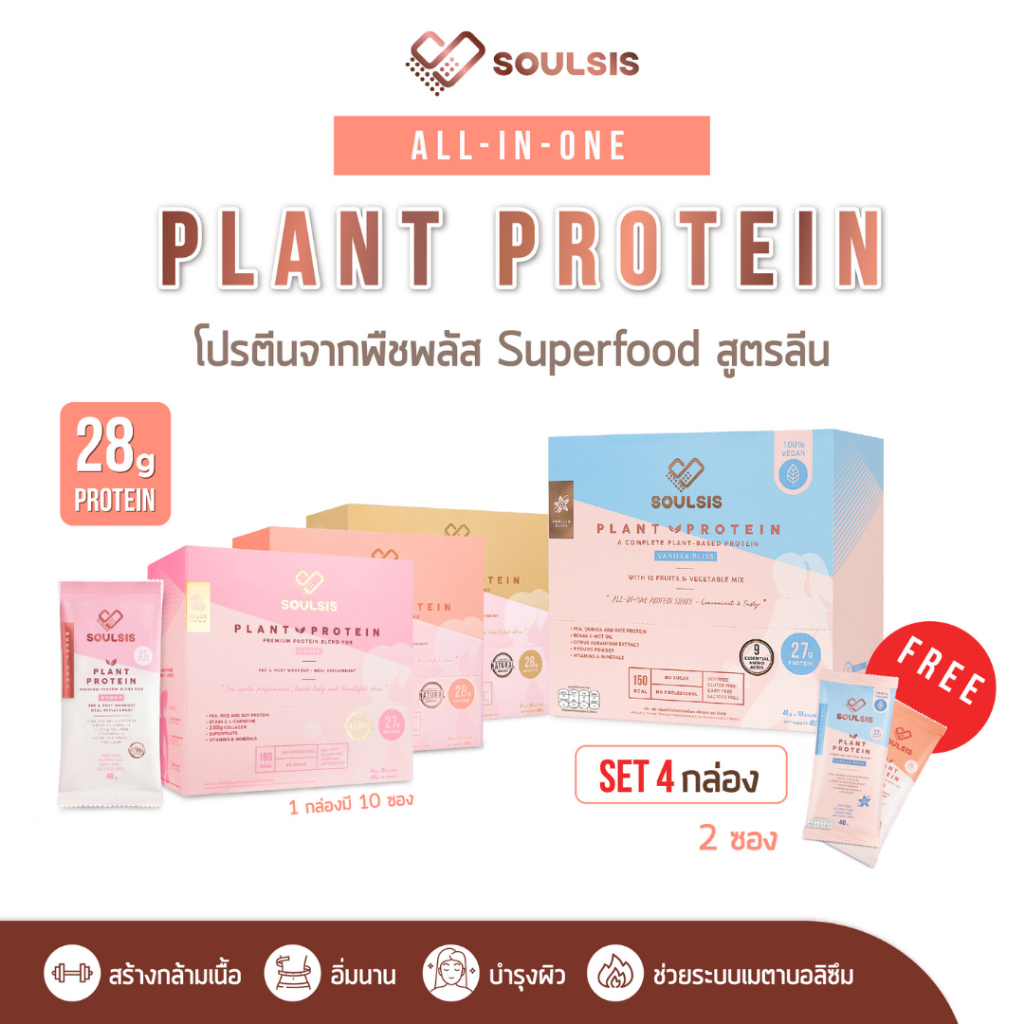 SOULSIS Plant Protein โปรตีนพืช 4กล่อง ก่อน/หลังออกกำลังกาย แทนมื้ออาหาร สร้างกล้ามเนื้อ