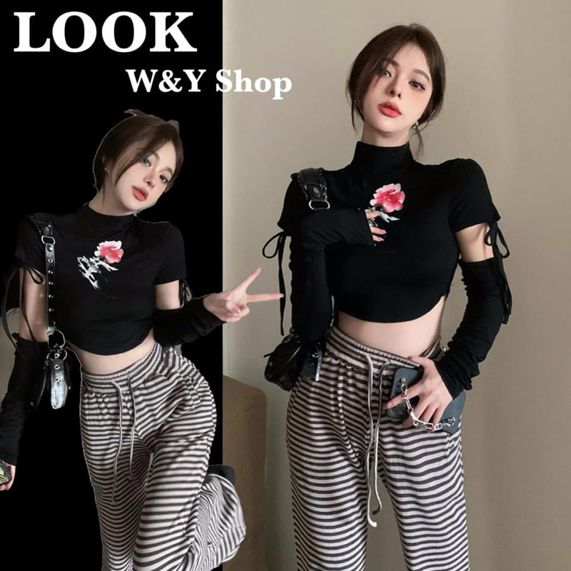 🔥ส่งจากไทย🔥เสื้อครอปคอเต่า + ปลอกแขน 2 ข้าง No.8909