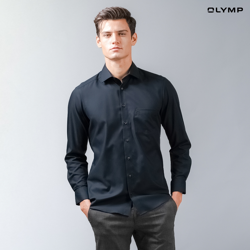 OLYMP LUXOR Shirt เสื้อเชิ้ตชาย สีดำ ผ้าเท็กเจอร์ ทรงหลวม ใส่สบาย รีดง่าย AUTU23