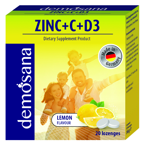 ผลิตภัณฑ์เสริมอาหารเม็ดอม ซิงค์ + ซี + ดี3 (กลิ่นเลมอน) (ตราดีโมซานา)