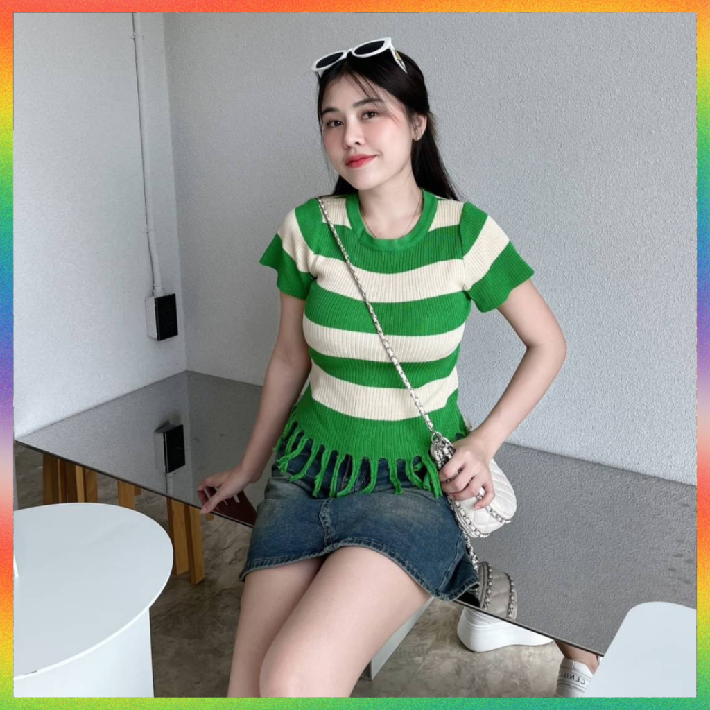 MesubShop เสื้อคอกลมแขนสั้น ผ้าไหมพรม แต่งพู่ระบาย ผ้าทอลายสลับสี รุ่น สุขใจ B-023-2-A