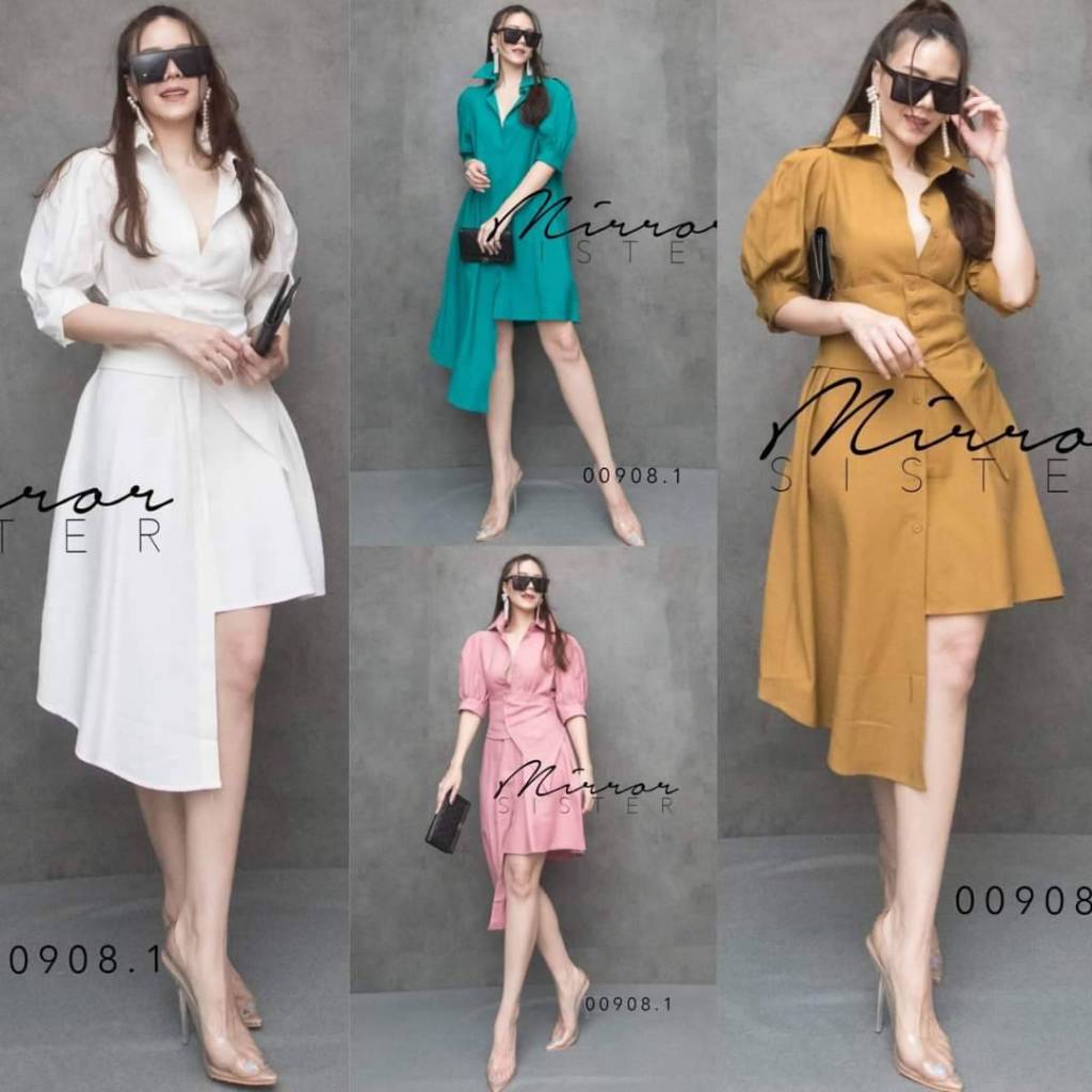 🩷🩷 MirrorSister 00908.1 เดรสเชิ้ตคอปกตัวสั้น สไตล์เก๋ๆ สวยหรู น่ารัก แขนพอง ชายล่างสั้นยาวไม่เท่ากัน