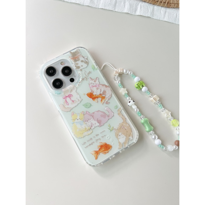 เคสลายน้องแมวพื้นเขียว+สายคล้องมือ