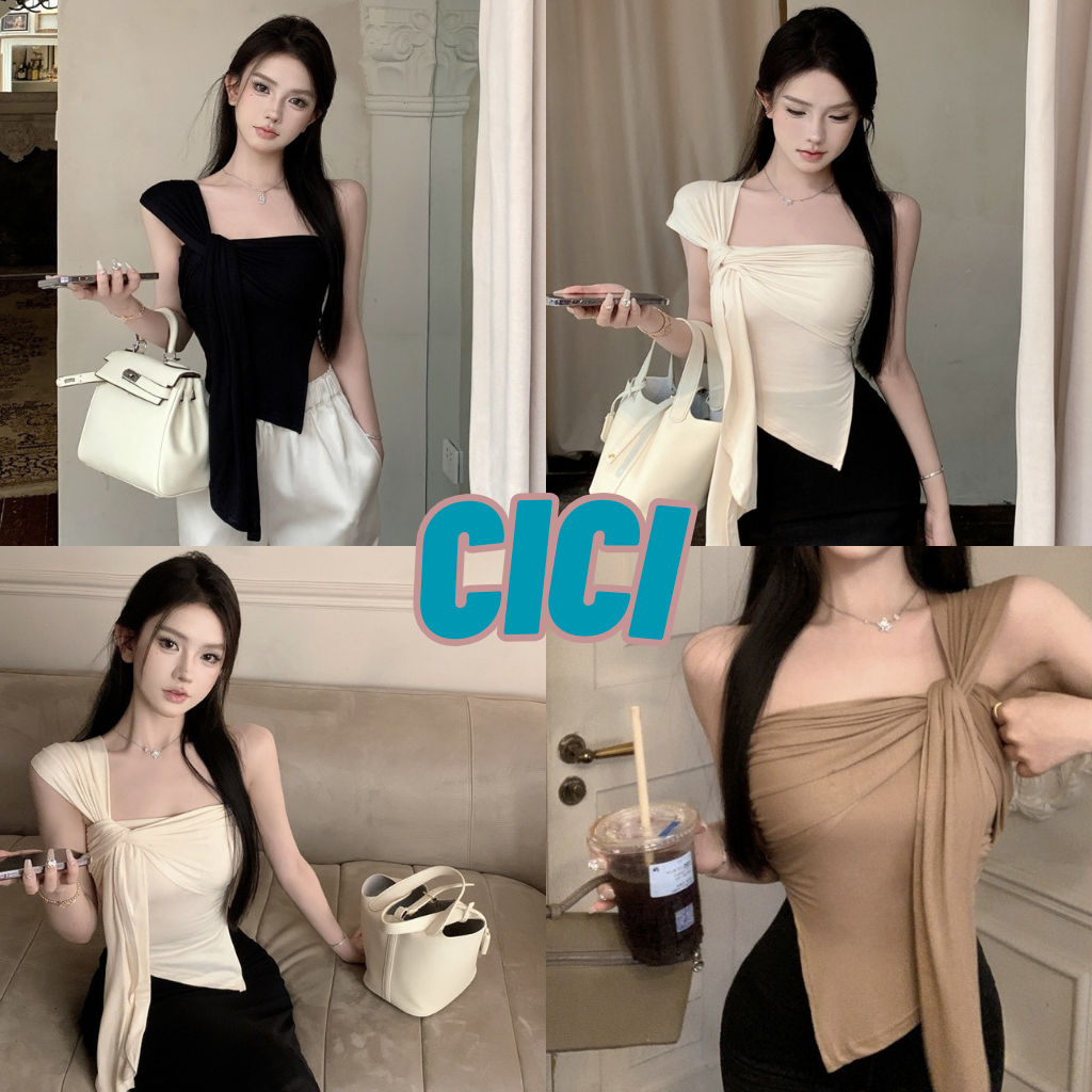 Cici(NO.XS3125)เสื้อเกาะอกเปิดไหล่ ตัวสั้น ดีเทลปลายเฉียง ทรงสกินนี่ สไตล์เกาหลี