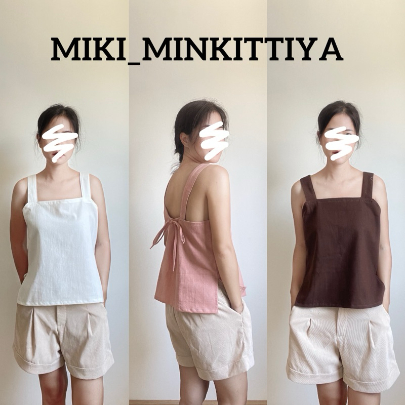 เสื้อสายเดี่ยว ผูกโบหลัง เสื้อผ้าฝ้าย สายเดี่ยว เนื้อนุ่ม น่ารักมินิมอล