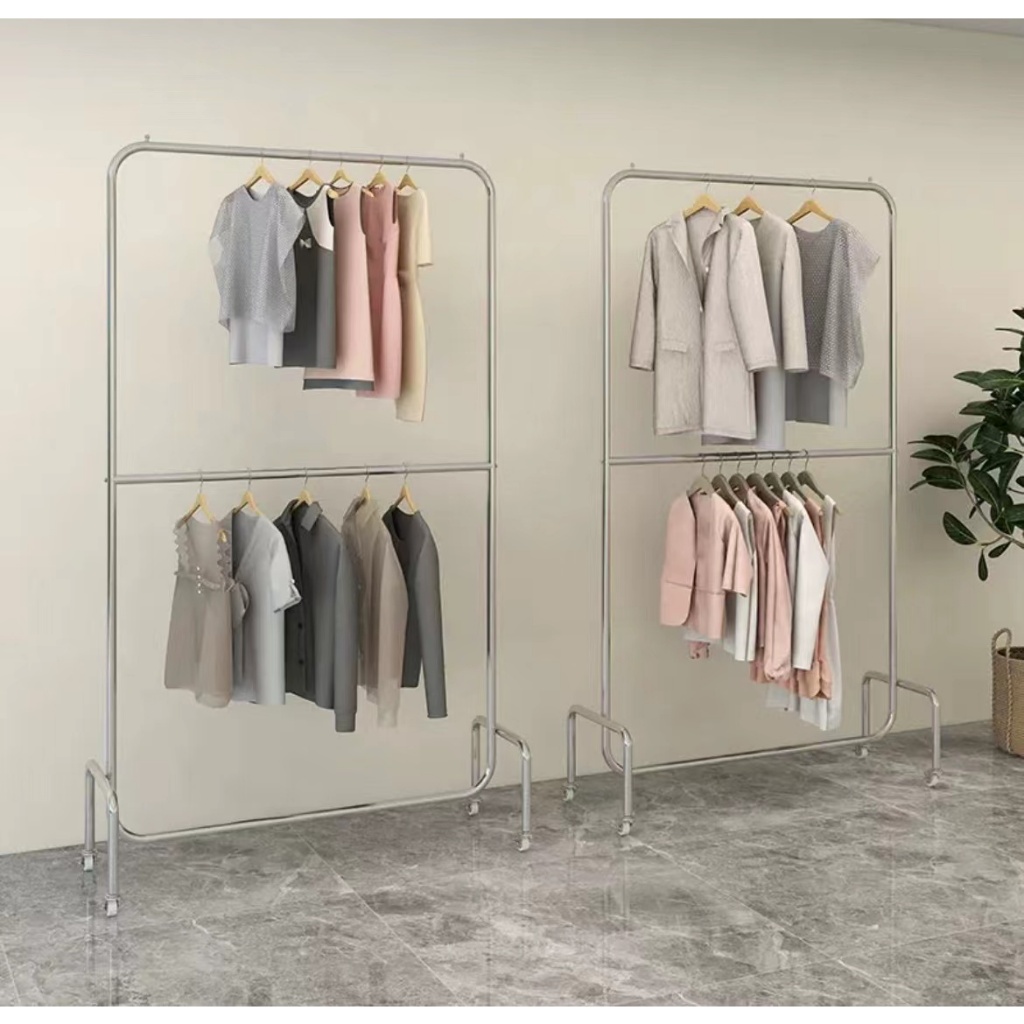 ราวสแตนเลส*2ชั้น ราวแขวนเสื้อผ้า ยาว120*190*มีล้อ ปรับได้