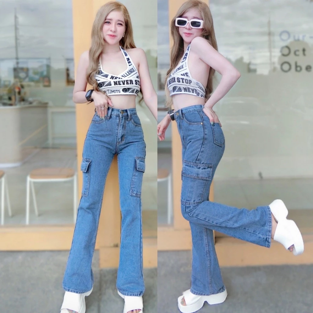 Cc jeans 184 S-5XL กางเกงยีนส์ คาร์โก้ ทรงขาม้า ไม่ยืด สียีนส์ฟอก