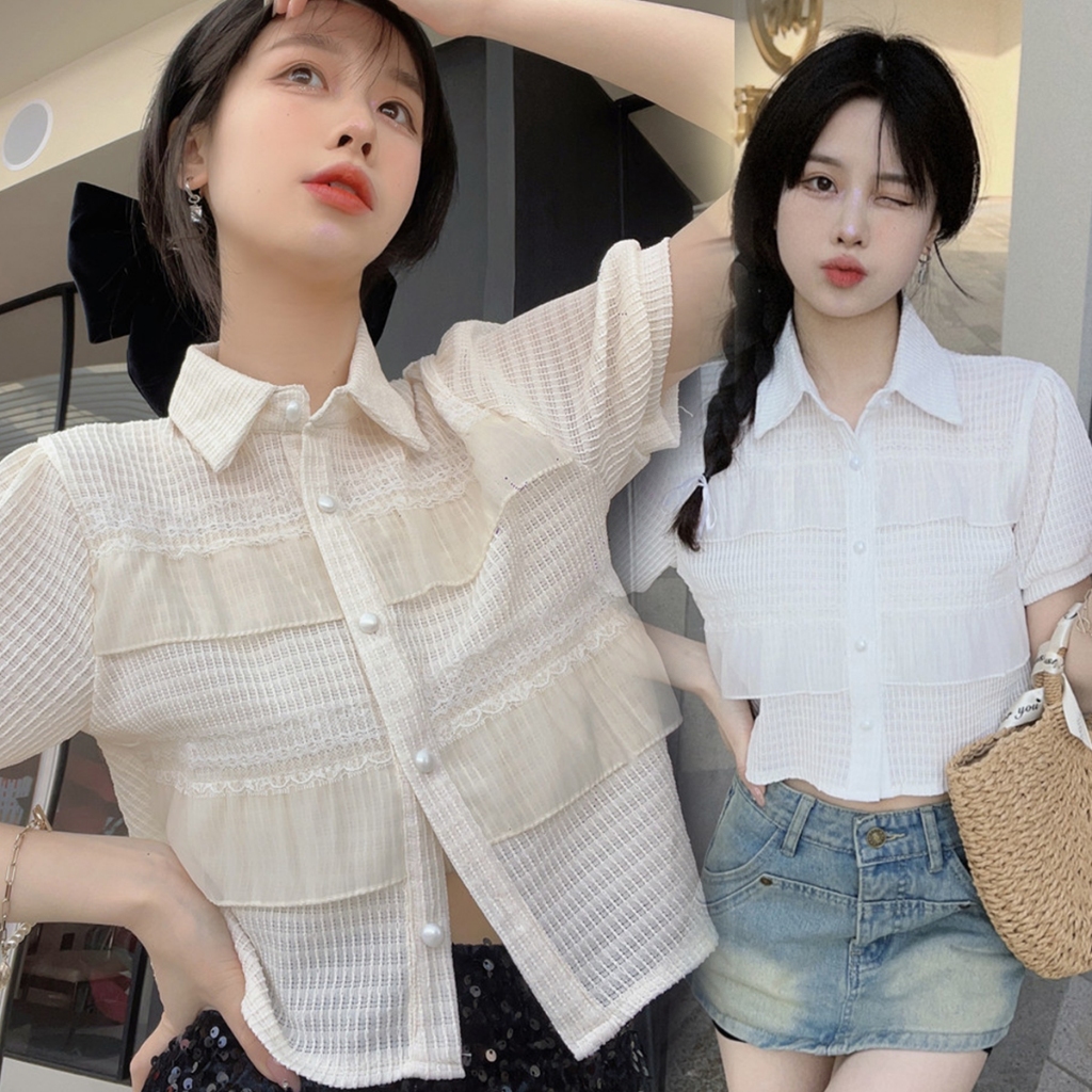 MIMI&DIDI เสื้อเชิ้ตแขนสั้นผู้หญิงคอโปโล สไตล์เกาหลี เส้นใยวิสโคสลูกไม้แขนสั้น ผ้านิ่มใส่สบาย ฟรีไซส์ พร้อมส่ง#W269