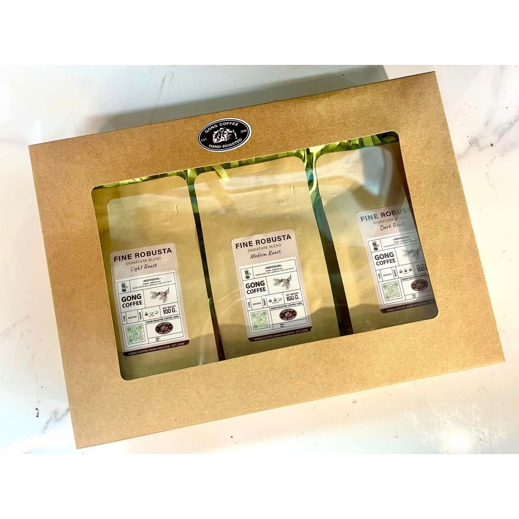 Gong coffee กาแฟคั่วมือไฟน์ โรบัสต้า สามระดับการคั่วขนาดทดลอง box set