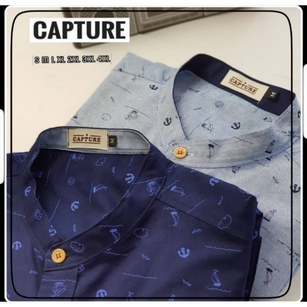 [S-4XL] เสื้อเชิ้ตผู้ชายคอจีนแขนสั้น ลายเรือใบเล็ก Men shirt CAPTURE BRAND