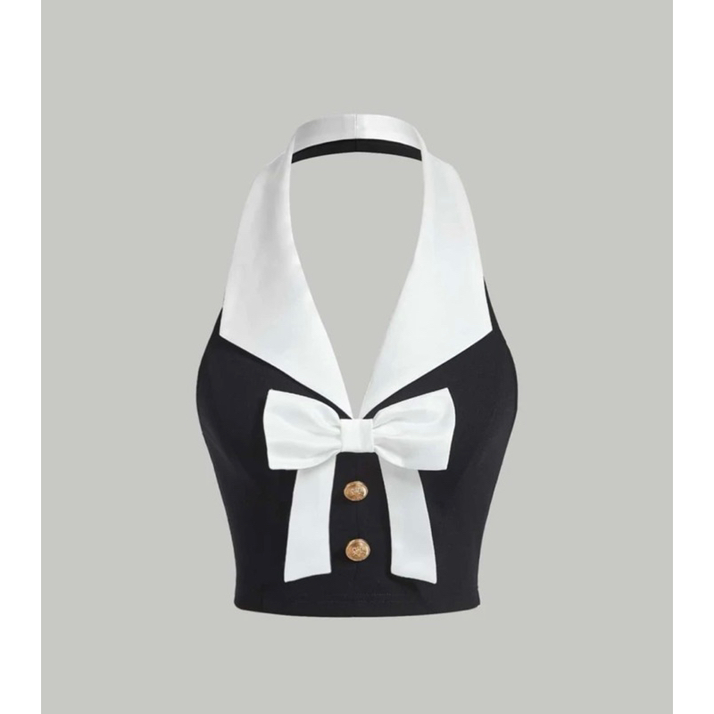 เสื้อครอป ท็อป คล้องคอ ทูโทน โบว์หน้า ดอกไม้3D งานจริงสวยตรงปก