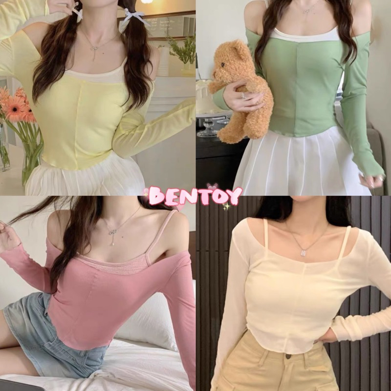 bentoy(S630)set2ชิ้น เสื้อแขนยาวปาดไหล่+สายเดี่ยว สายเกาหลีห้ามพลาด