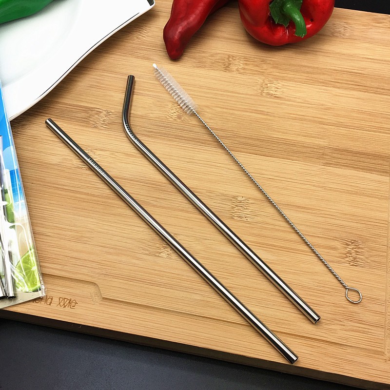 หลอดดูดน้ำ สแตนเลสแท้ พร้อมแปรงทำความสะอาด หลอดตรง 25.5ซม หลอดงอ 25ซม 304-Stainless Steel Food Grade