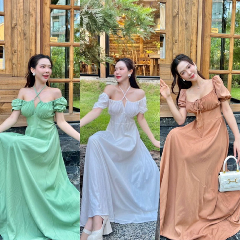 Mookrinstyle เดรสยาวไปทะเล สีพื้น ใส่แบบขึ้นไหล่หรือปาดไหล่ได้ งานสวยสไตล์เจ้าหญิง