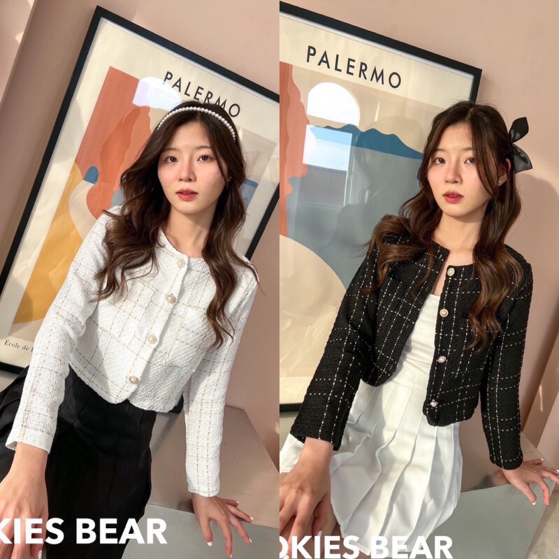 พร้อมส่ง IRIN_เสื้อครอปแขนยาวผ้าทวิต กระดุมทอง - CB (ตรงปกนะคะ)