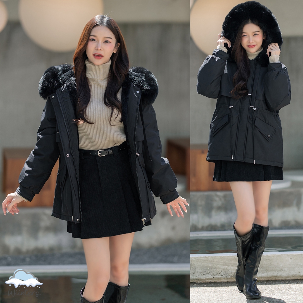 [ LB-034 I Snowy Coat + Aricia Sweater + Aiwi Skirt ] เสื้อโค้ท มีฮู้ด ขนเฟอร์ ถอดได้ I เสื้อคอเต่าบุขน I กางโปรงลูกฟูก