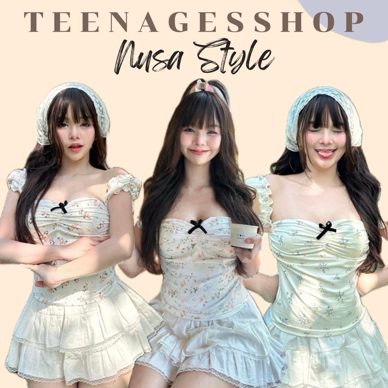 *มีขายทั้งเซ็ท* เสื้อปาดไหล่ + กระโปรงสั้นระบาย2ชั้น ป้ายNusa Style🏷️ กระโปรงซับในกางเกง ฟีลลูกคุณหน