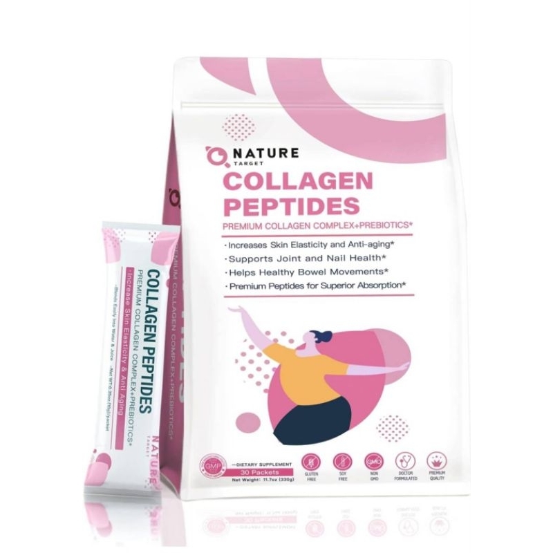 NATURE TARGET,Multi Collagen Peptides Powder with Prebiotics, 30 Packets
