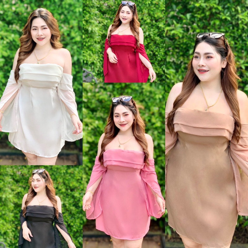 NT632 เดรสออกงาน คาเฟ่ ทะเล ซาร่าพริ้วแขนชีฟองผ่า สาวอวบ