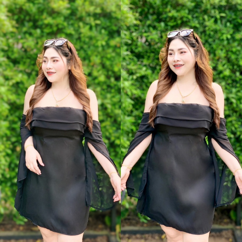 NT632 เดรสออกงาน คาเฟ่ ทะเล ซาร่าพริ้วแขนชีฟองผ่า สาวอวบ