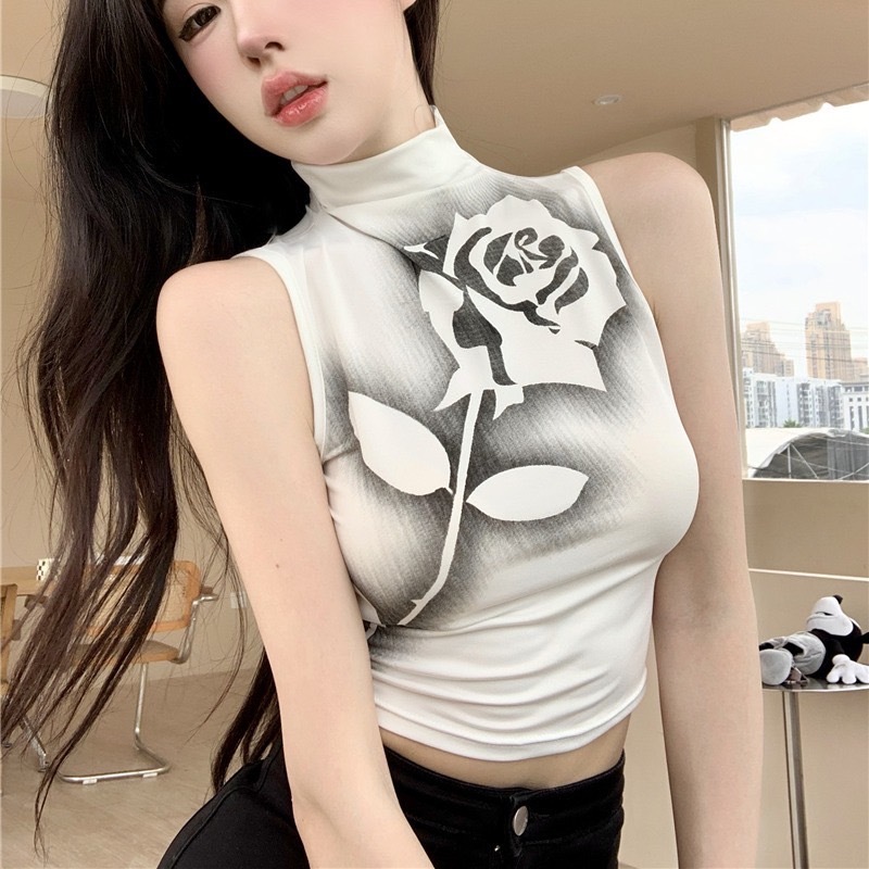 MKL พร้อมส่ง เสื้อครอปแขนกุดลายดอกกุหลาบ ทรงสวยแซ่บจึ็งสุดๆ# M5928