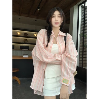ล้างสต็อก SMDB15081 เสื้อเชิ้ตลายทางแขนยาวคอปกผู้หญิง oversize เสื้อคลุมกันแดดแฟชั่นเกาหลีย้อนยุค ผ้าไม่ติดตัว ใส่สบาย