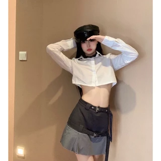 Cicishop(S3126)เสื้อเชิ้ตครอปคอปกแขนยาว ผ้าดีใส่สบาย ทรงชิคๆ สาวหวานสาวแซ่บไม่ควรพลาด