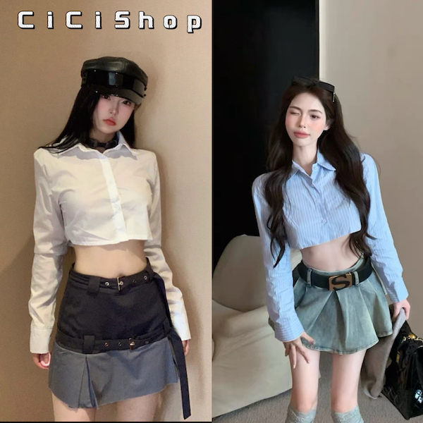 Cicishop(S3126)เสื้อเชิ้ตครอปคอปกแขนยาว ผ้าดีใส่สบาย ทรงชิคๆ สาวหวานสาวแซ่บไม่ควรพลาด