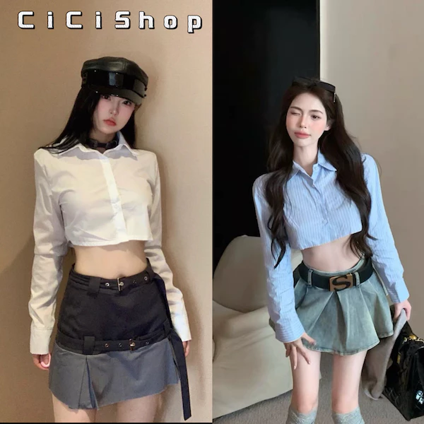 Cicishop(S3126)เสื้อเชิ้ตครอปคอปกแขนยาว ผ้าดีใส่สบาย ทรงชิคๆ สาวหวานสาวแซ่บไม่ควรพลาด