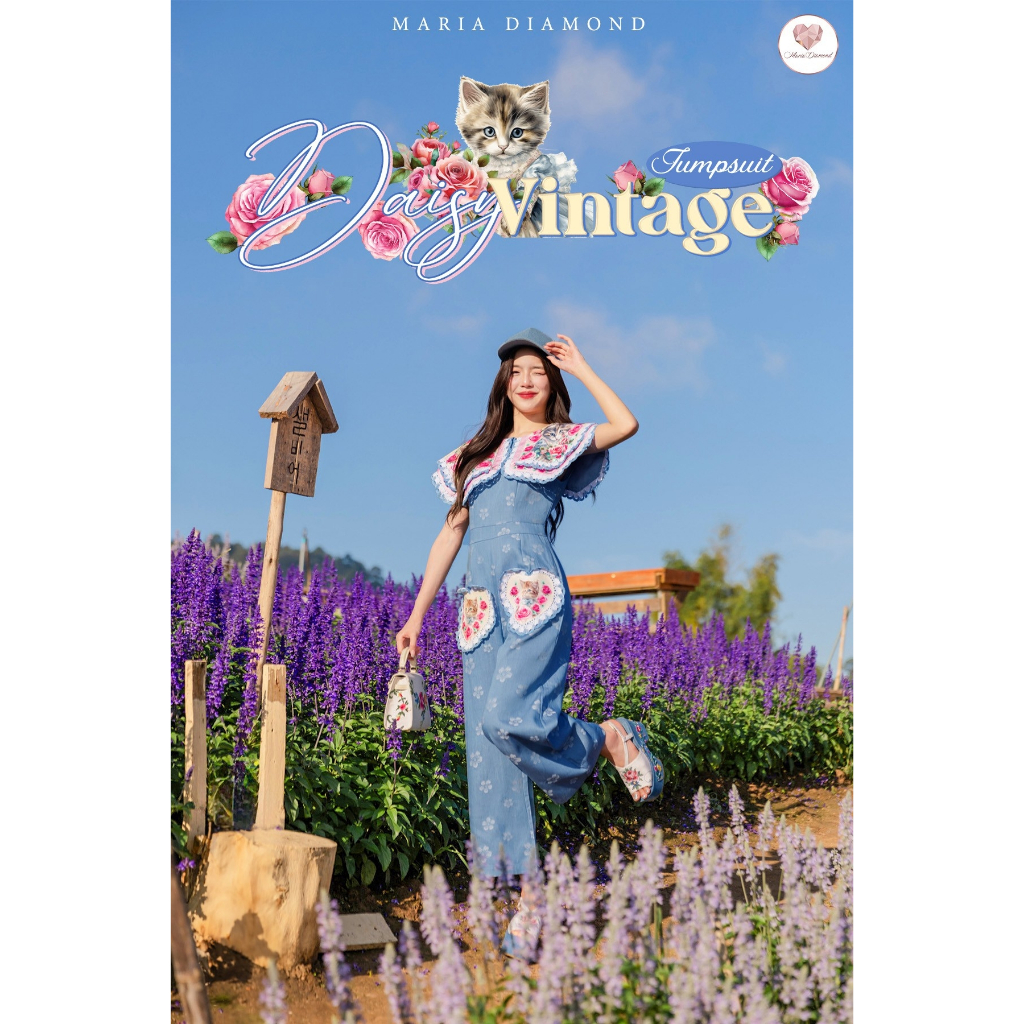 Daisy Vintage Jumpsuit จั๊มสูทวินเทจขายาวไม่รั้งเป้า ผ้ายีนส์นิ่มลายดอกเดซี่ ดีเทลปกใหญ่วินเทจลายน้อ