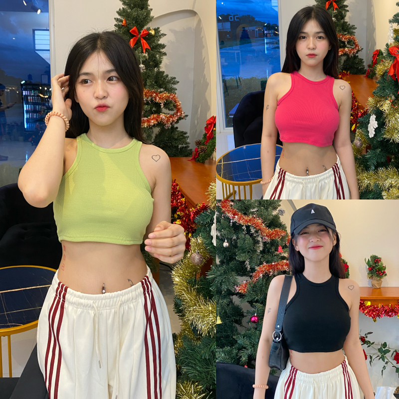 SpinnyHouse เสื้อครอปแขนกุด คอกลม ทรงเบสิคสุดค่า ช่วงแขนเว้าสวย ใส่ได้ทุกงาน ผ้าร่องยืดเยอะ รุ่น บันได O101A
