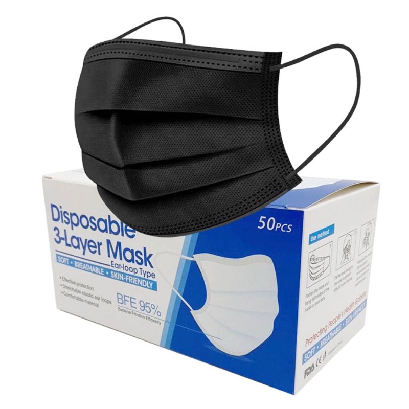 Face Mask : คาร์บอน หน้ากากอนามัย กรอง 3 ชั้น สีดำ 1กล่อง 50 ชิ้น หน้ากากอนามัย