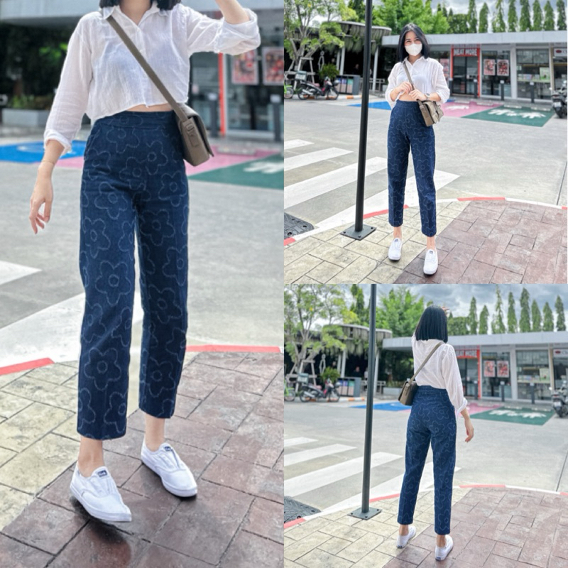 (ZD) ARTHITTAYA.BRAND กางเกง8 ส่วน ซิปข้าง ผ้ายีนส์สะกิดลายดอกไม้