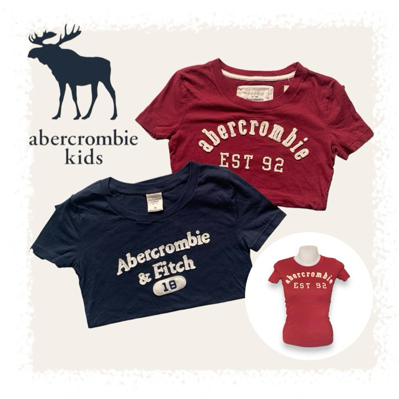 Abercrombie & Fitch เสื้อยืดคอกลม ผู้หญิง กรมท่า/แดง ปักขาว เสื้อเด็กโตไซส์ผู้ใหญ่