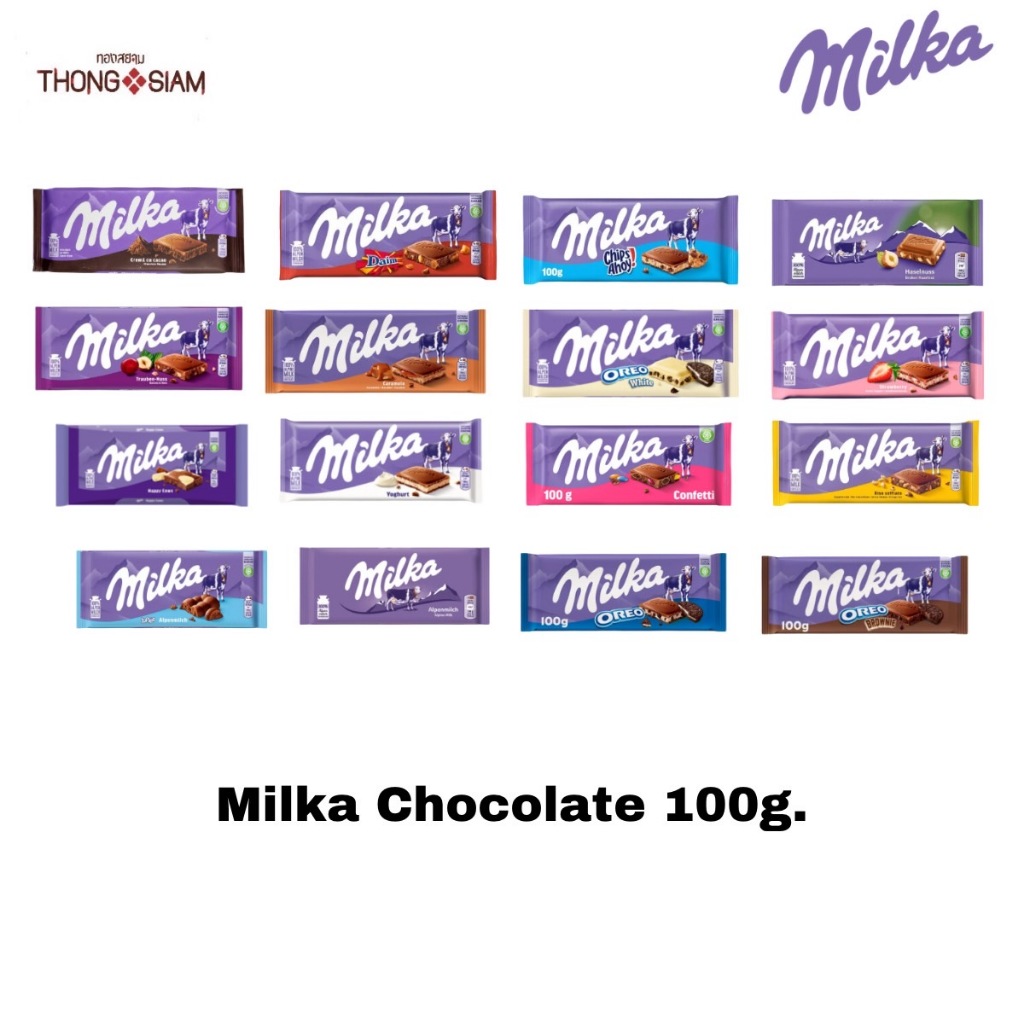 Milka Milk Chocolate มีส่วนผสมของนม Alpen 100% มี 16 รสชาติให้เลือก ขนาด 100 กรัม(g.)