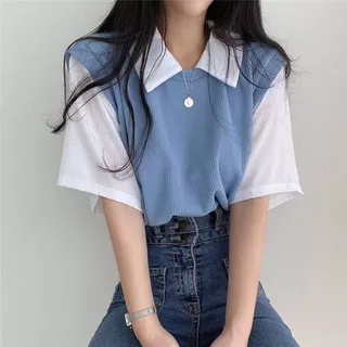 จัดส่งภายในประเทศไทย เสื้อยืดแขนสามส่วนคอปก ผ้าร่องบาง Y50