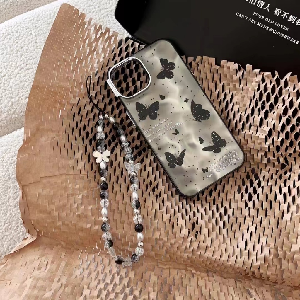 จัดส่งภายใน24ชม สไตล์สร้อยข้อมือ ผีเสื้อ สีดำ iPhone 15 11 14 pro max ป้องกันการหล่น ขอบเต็ม case for iPhone 12 13