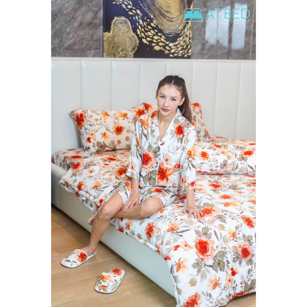 ชุดนอน ชุดลำลอง At Bed เนื้อผ้า Bamboo 1000 เส้นด้าย ลายกุหลาบส้ม