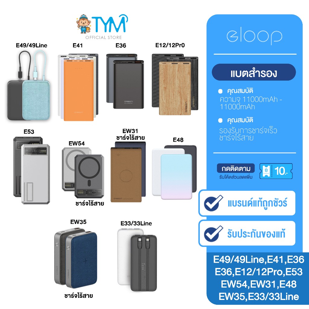 (กดติดตามรับโค้ด) Eloop 10000mah E12 ,E33/33line , E36 , E41 , E48 , E49 , EW31 , EW35 , E53 , EW54
