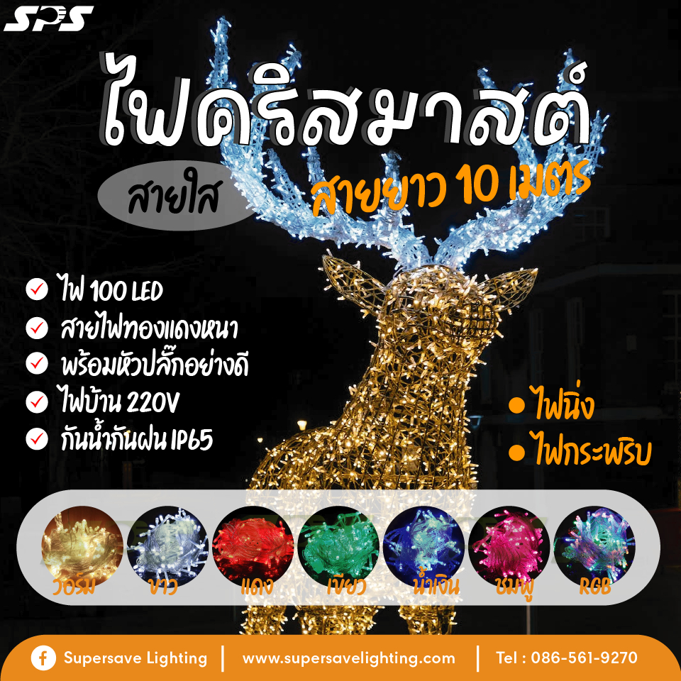 ไฟประดับ LED ไฟคริสมาสต์ ไฟประดับเทศกาล ไฟหยดน้ำ สายยาว 10 เมตร 100 LED (สายไฟใส) ใช้ภายในหรือภายนอกได้ ไฟนิ่ง/กระพริบ