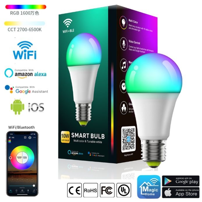 10W ไฟอัจฉริยะควบคุมผ่านไวไฟหลอดไฟ E27 RGB โคมไฟ LED แบบหรี่แสงได้พร้อม Smart Life APP ควบคุมเสียง 16ล้านเฉดสี หลอดไฟเปล