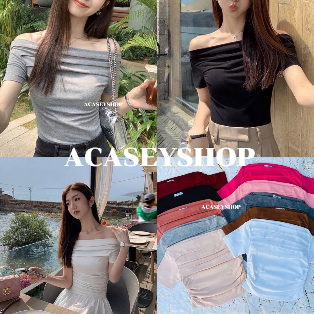 Acasey เสื้อเปิดไหล่ แขนสั้น จีบไหล่เฉียง ผ้าร่องคัตตอลนำเข้า ยืดหยุ่น อก 30นิ้ว