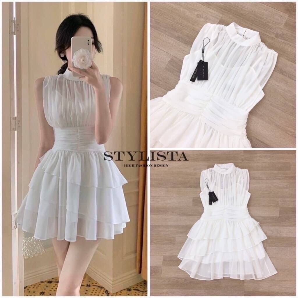 STYLISTA เดรสแขนกุด คอปีน กระโปรงเป็นชั้นระบาย พริ้วๆ ทรงพอดีตัว