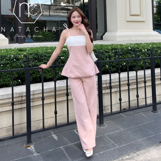 NATACHA  Set เสื้อสายเดี่ยวผูกไหล่สีชมพูนู๊ดตัดขาว(*รบกวนเช็คสต๊อกก่อนกดสั่งซื้อ)